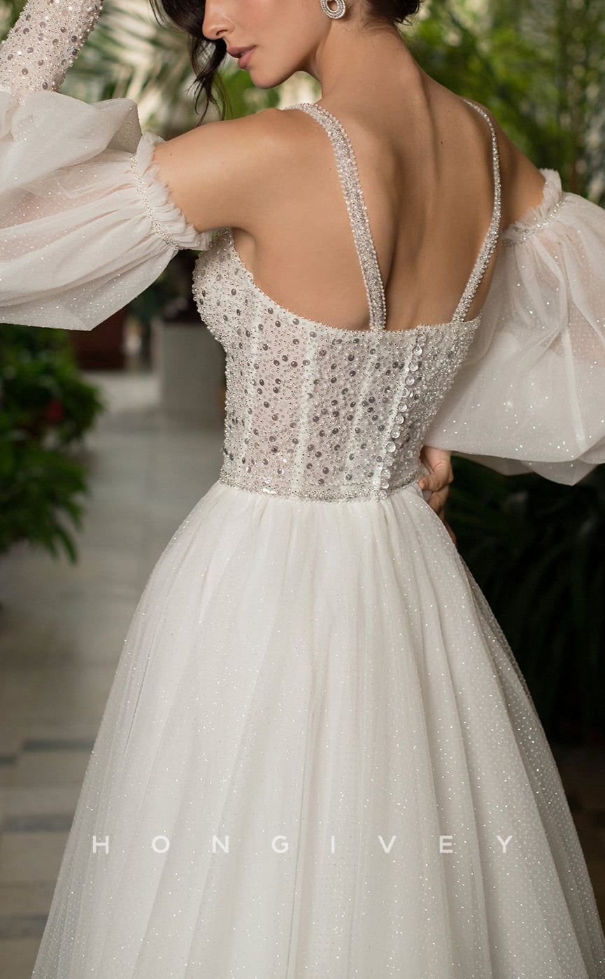 H1054 - Ornate Illusion Sequined Sweetheart Spaghetti Straps Long Sleeves With Side Slit Wedding Dress