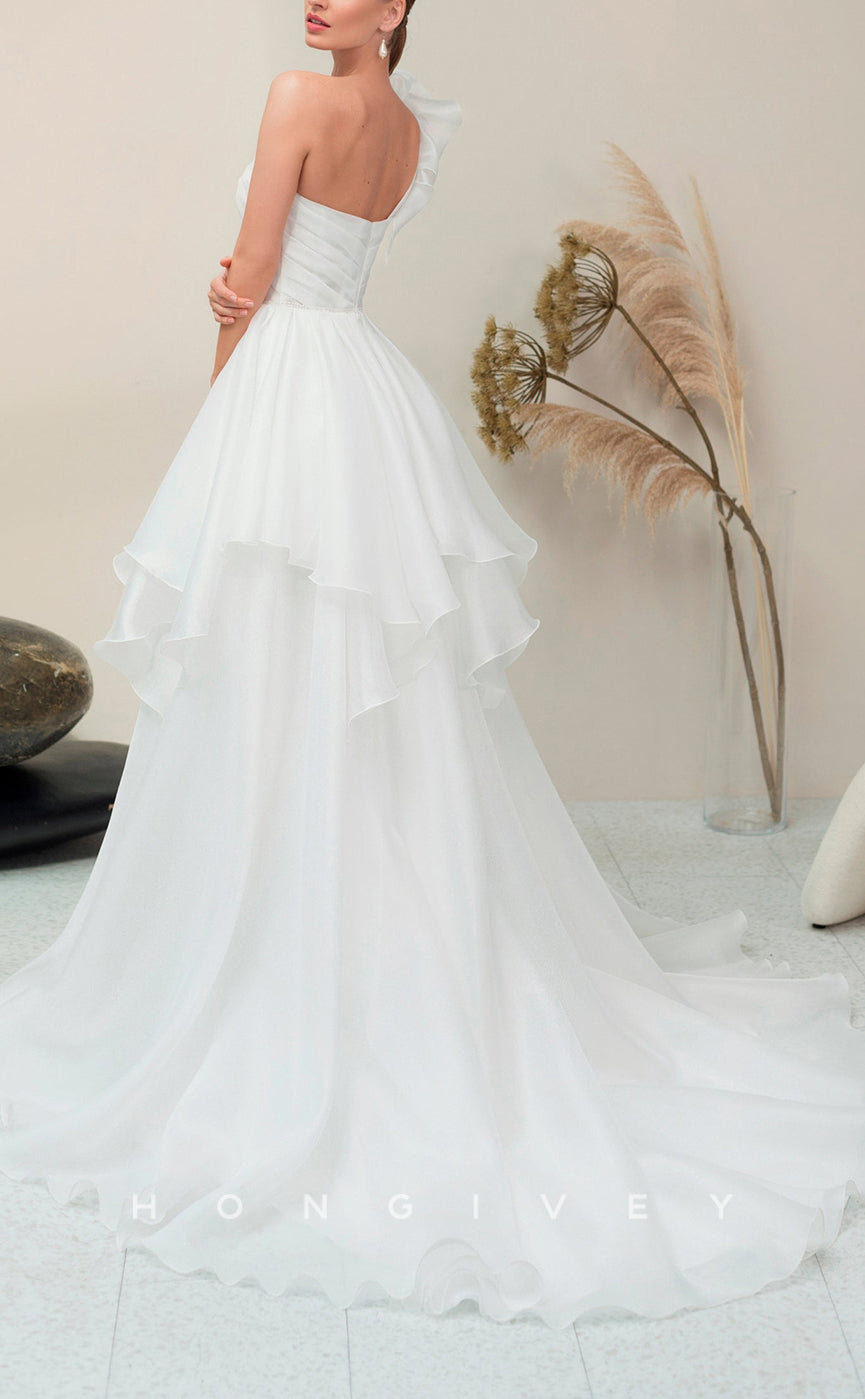 H1055 - Classic Satin One Shoulder Floral Embellished Ruched Tiered Long Wedding Dress