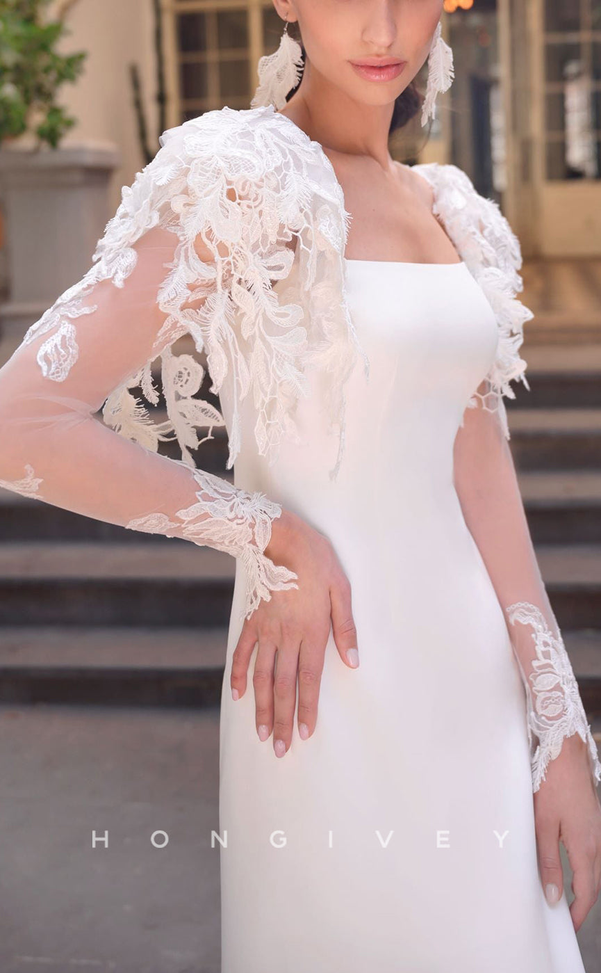 H1057 - Simple & Casual Square Lace Floral Embossed Long Sleeves With Train Beach Wedding Dress