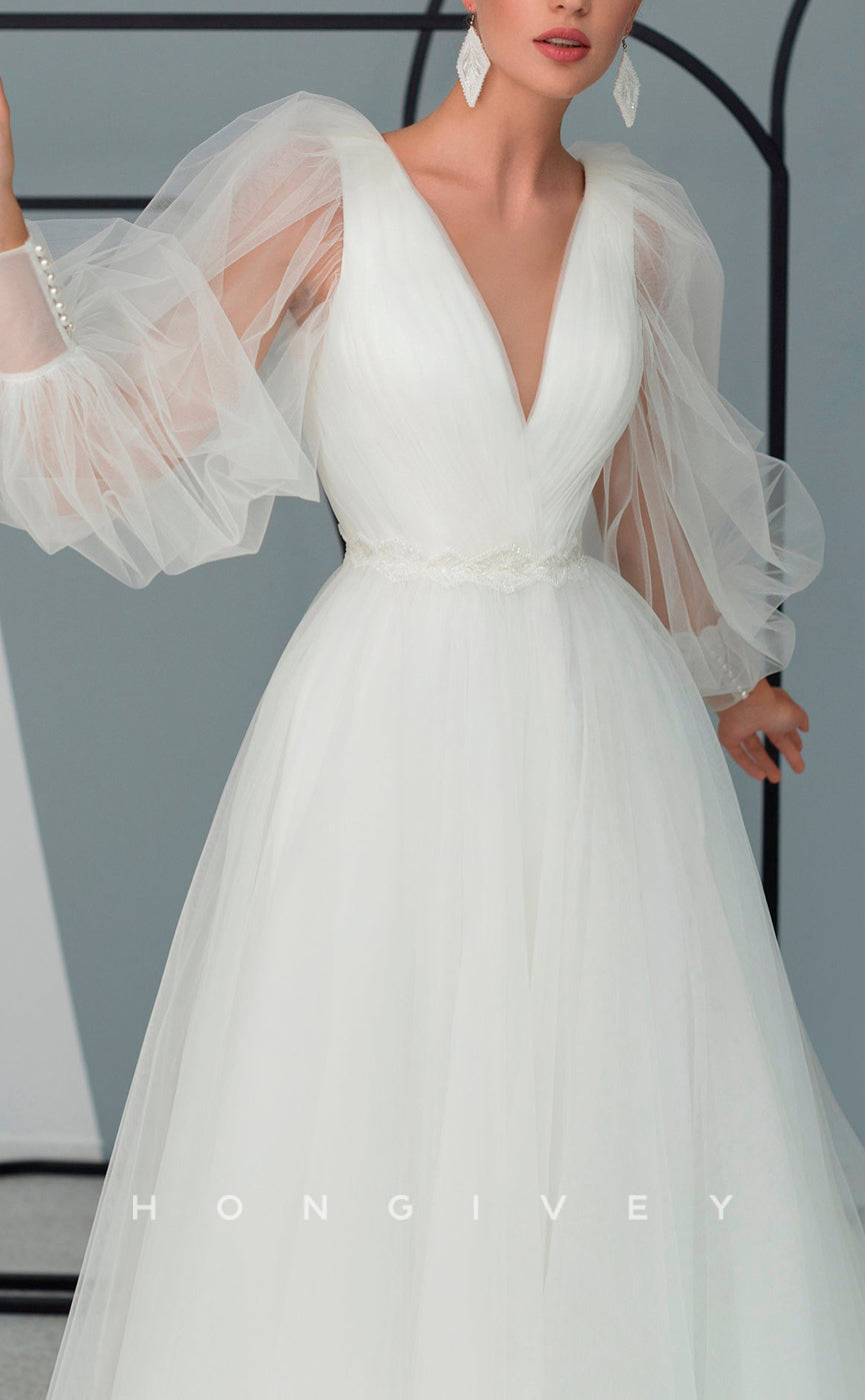 H1058 - Ornate Tulle V-Neck Backless Long Sleeves Tiered Long Wedding Dress