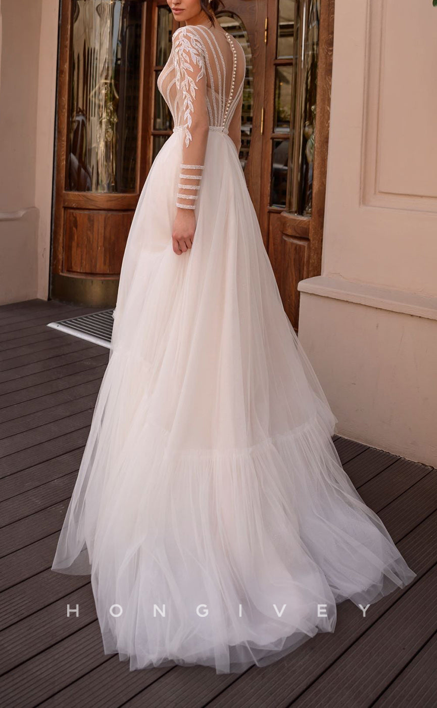 H1059 - Sexy Illusion Empire V-Neck Long Sleeves Appliques Wedding Dress