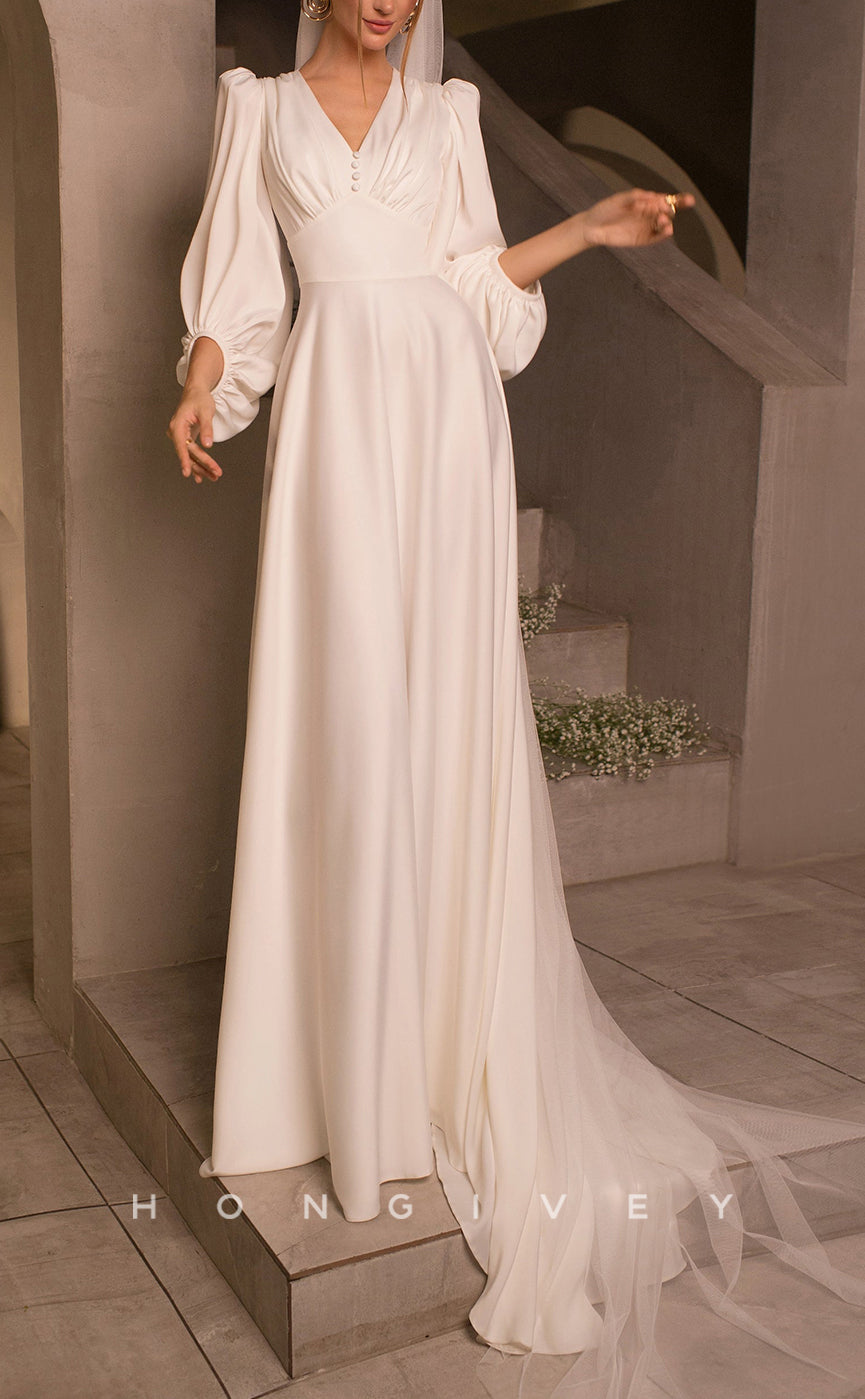 H1060 - Simple & Casual Satin V-neck Long Sleeves Ruched With Veil Wedding Dress