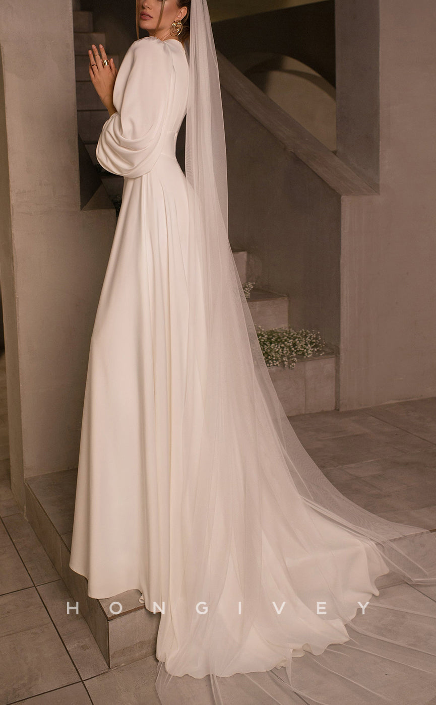 H1060 - Simple & Casual Satin V-neck Long Sleeves Ruched With Veil Wedding Dress