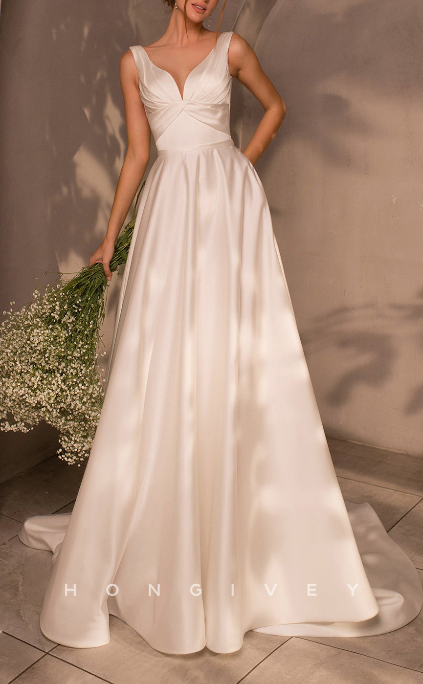 H1061 - Classic Satin Empire V-neck Ruched With Train Beach Wedding Dress