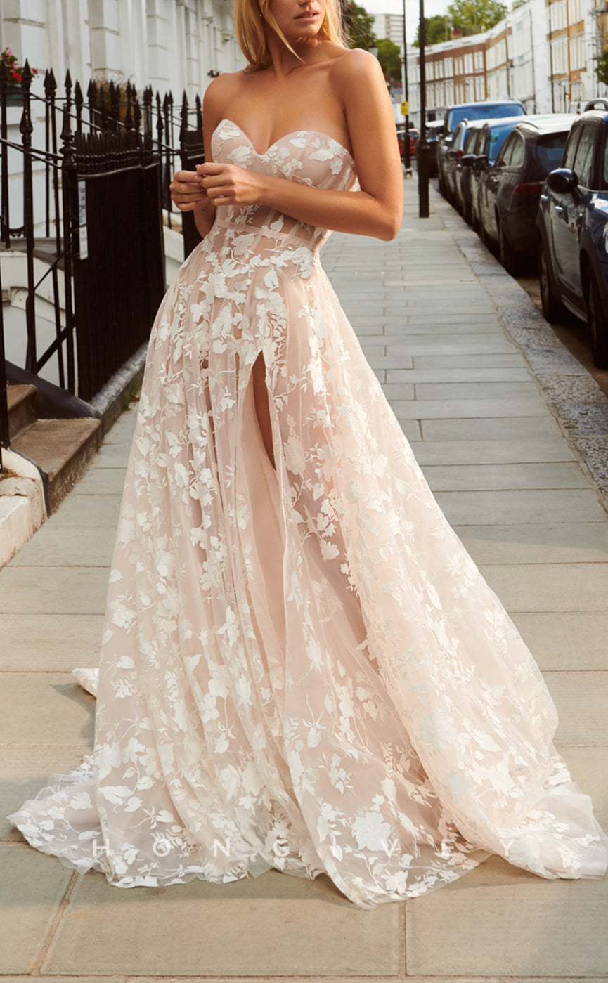 H1073 - Classic Illusion Sweetheart Strapless Floral Appliqued With Side Slit Boho/Beach Wedding Dress