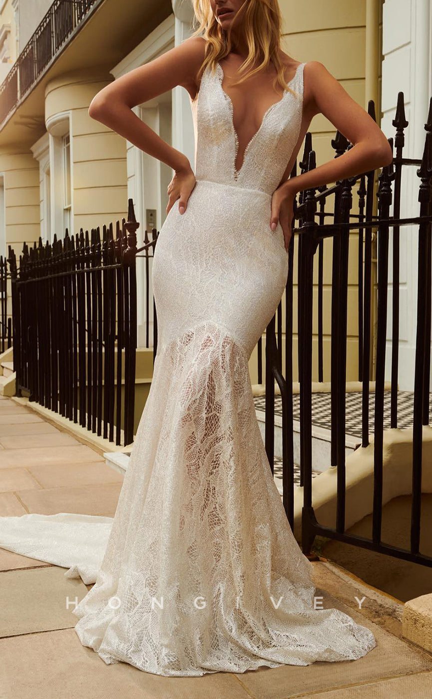 H1074 - Sexy Allover Lace Plunging Neck Spaghetti Straps Trumpet/Mermaid Boho/Beach Wedding Dress