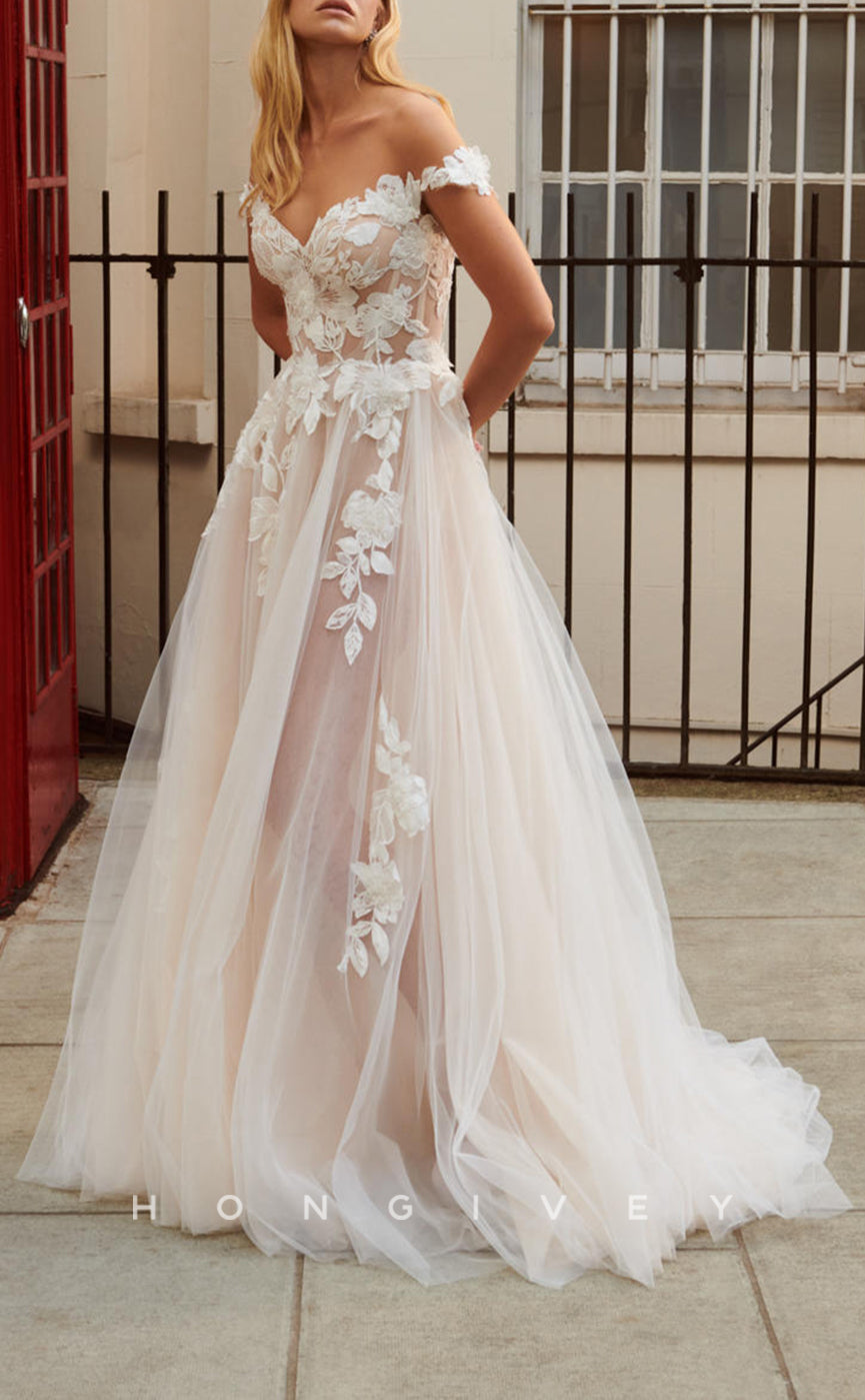 H1075 - Sexy Illusion Floral Appliqued Off-Shoulder With Train Boho Wedding Dress