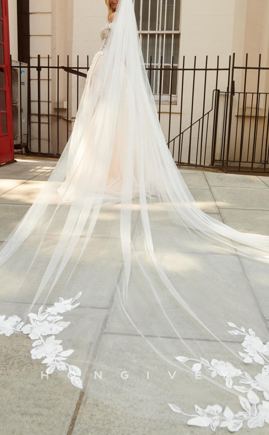 H1075 - Sexy Illusion Floral Appliqued Off-Shoulder With Train Boho Wedding Dress