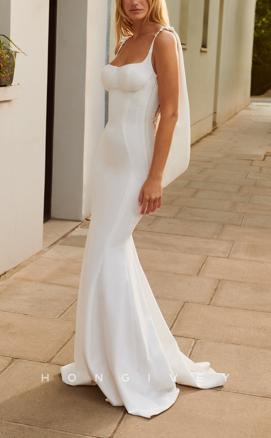 H1076 - Simple & Casual  Satin Square Spaghetti Straps Backless Beach Wedding Dress