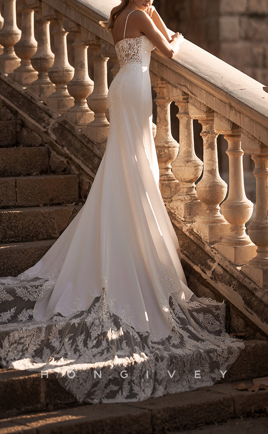 H1079 - Elegant & Luxurious Satin Sweetheart Spaghetti Straps Court Train Wedding Dress