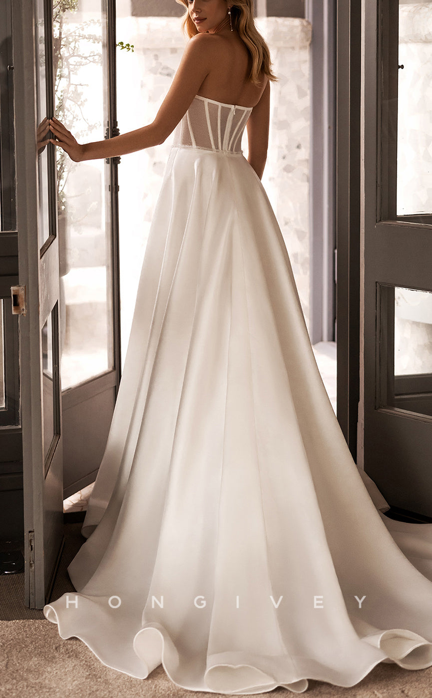 H1080 - Simple & Casual Satin Sweetheart Strapless Bowknot Illusion With Train Wedding Dress