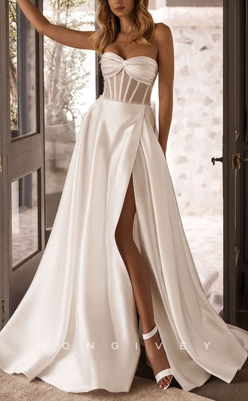 H1080 - Simple & Casual Satin Sweetheart Strapless Bowknot Illusion With Train Wedding Dress