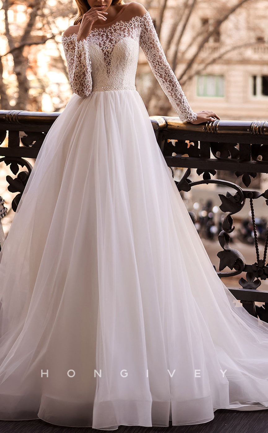 H1083 - Elegant & Luxurious Strapless Lace Long Sleeves Empire A-Line Wedding Dress