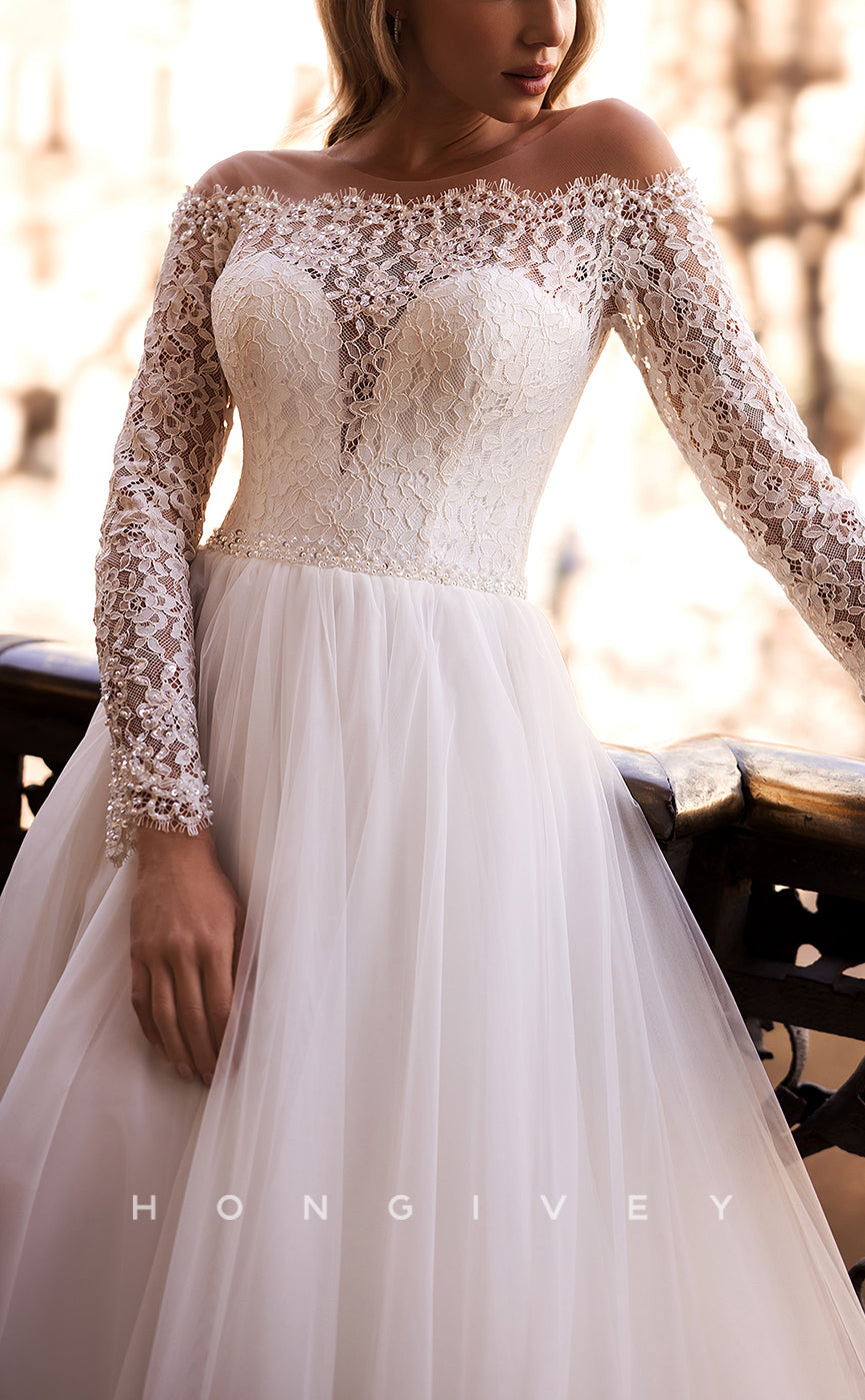 H1083 - Elegant & Luxurious Strapless Lace Long Sleeves Empire A-Line Wedding Dress