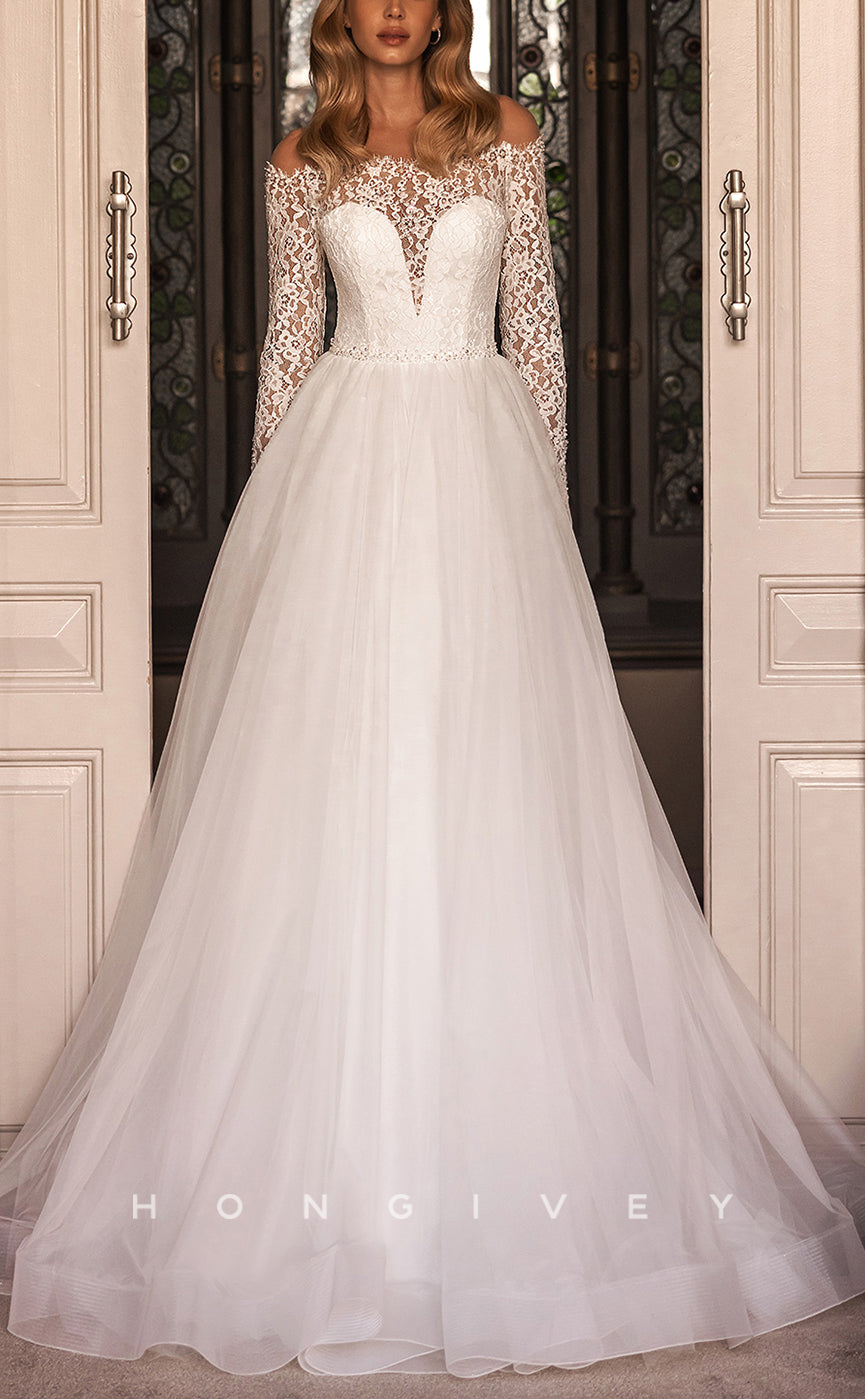 H1083 - Elegant & Luxurious Strapless Lace Long Sleeves Empire A-Line Wedding Dress