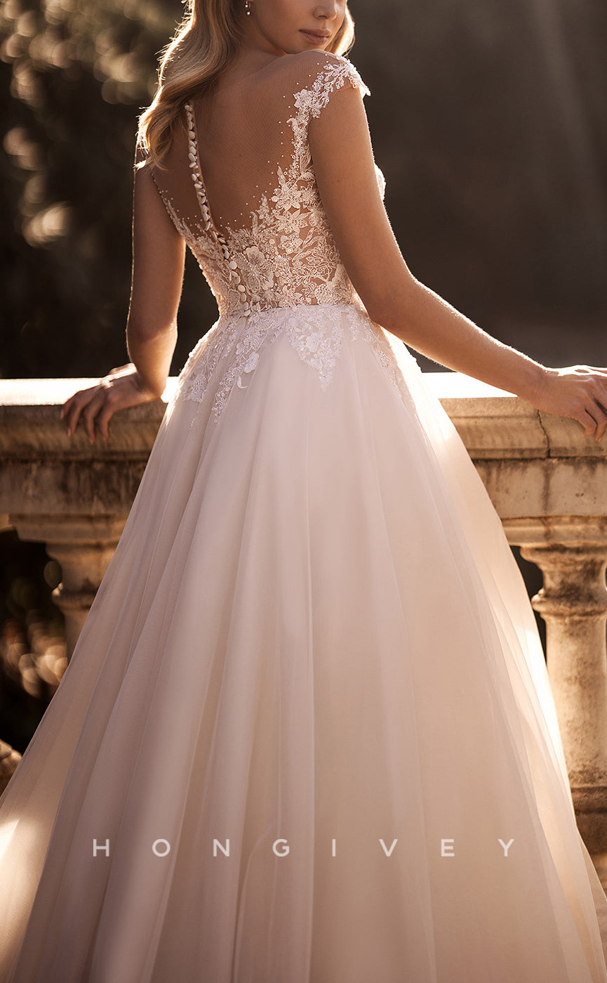 H1085 - Classic & Timeless Plunging Illusion Appliques Empire A-Line Tulle Boho Wedding Dress