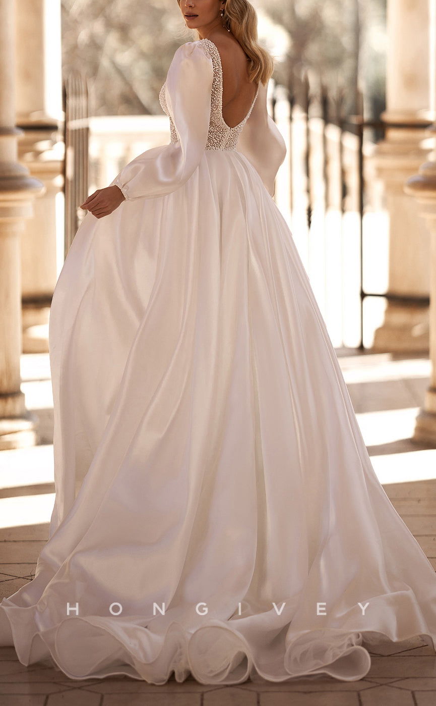 H1086 - Classic Plunging Illusion Long Sleeves Beaded Embellished Boho Wedding Dress