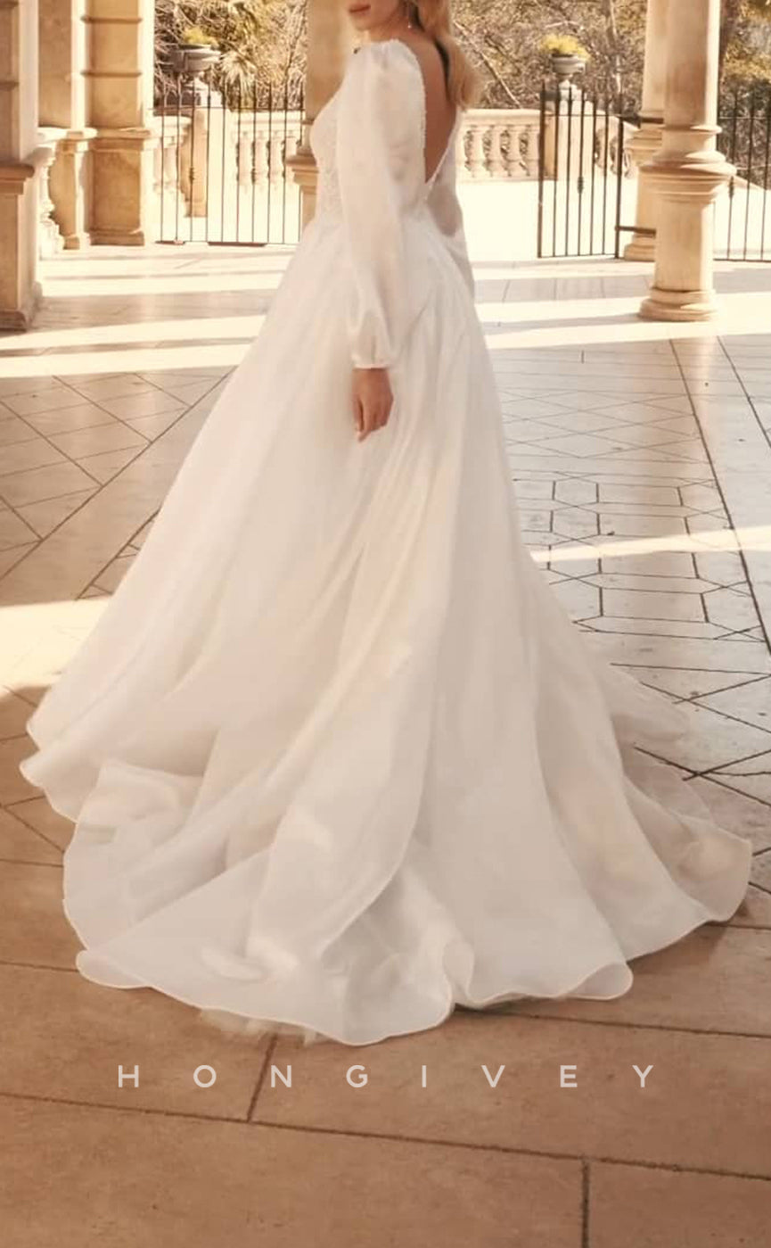 H1086 - Classic Plunging Illusion Long Sleeves Beaded Embellished Boho Wedding Dress