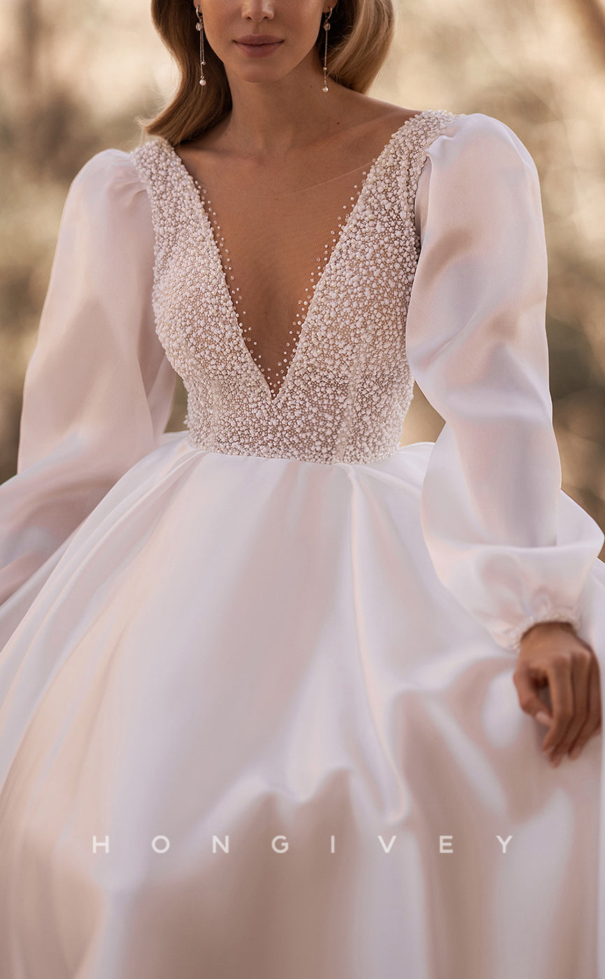 H1086 - Classic Plunging Illusion Long Sleeves Beaded Embellished Boho Wedding Dress