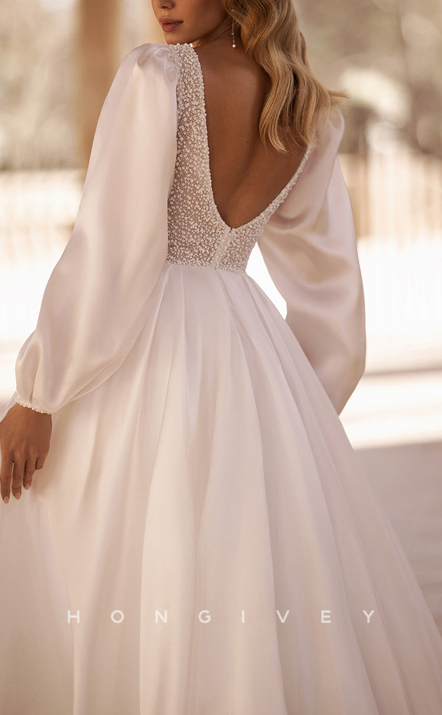 H1086 - Classic Plunging Illusion Long Sleeves Beaded Embellished Boho Wedding Dress