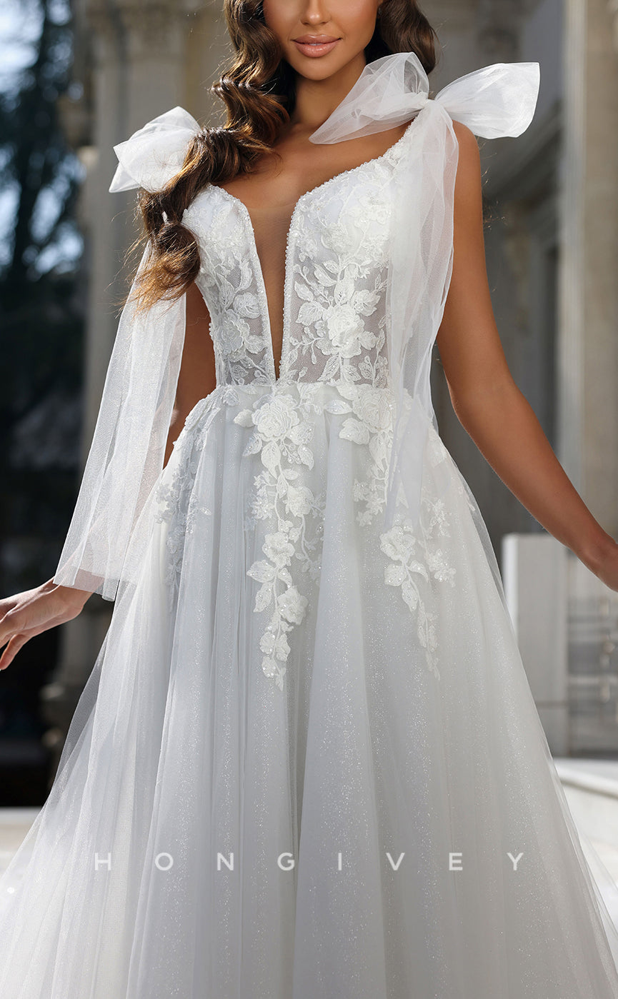 H1089 - Sexy V-Neck Bowknot Straps Open Back Appliques With Train Wedding Dress