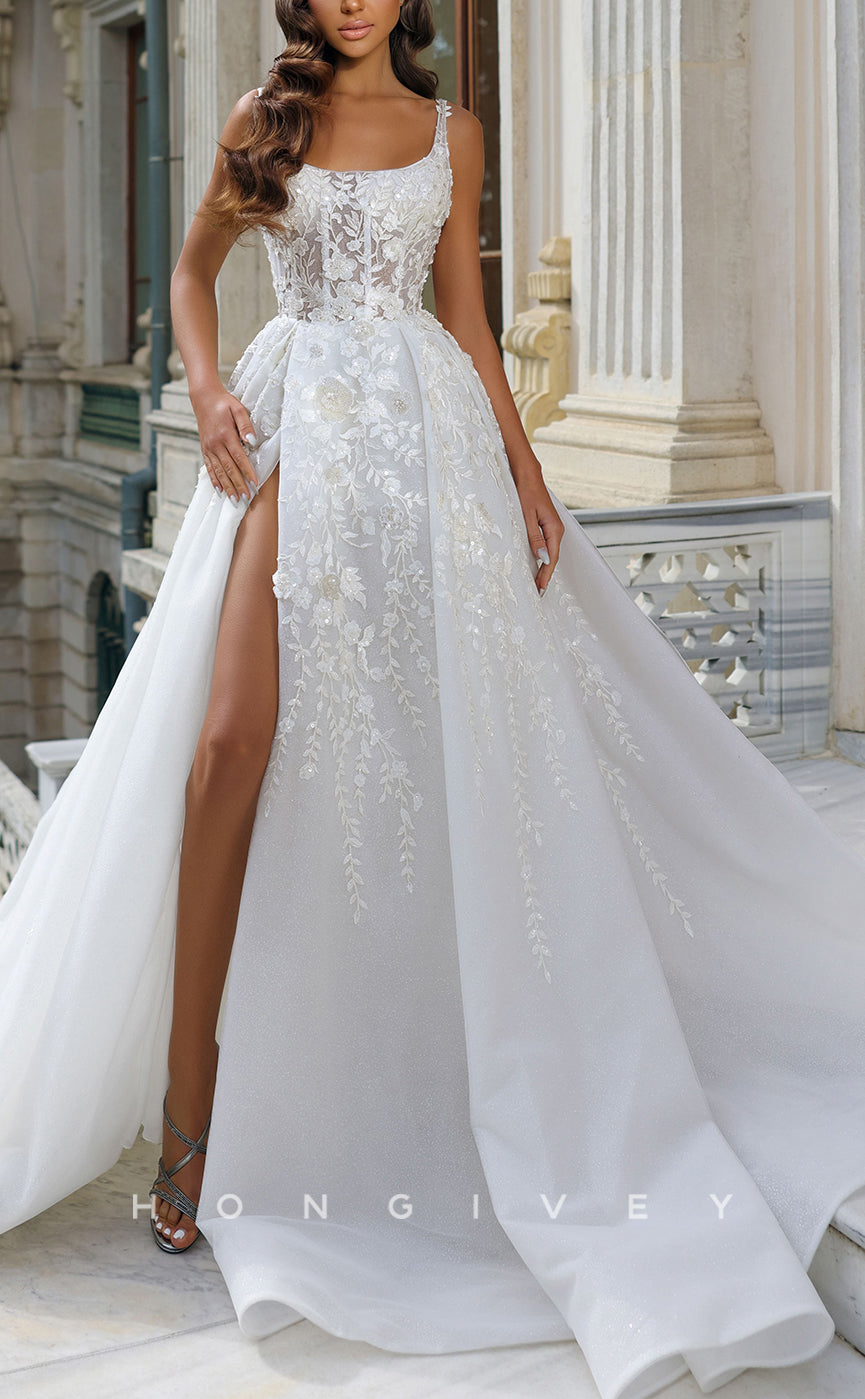 H1090 - Classic & Timeless Illusion Square Spaghetti Straps Appliques With Train Wedding Dress