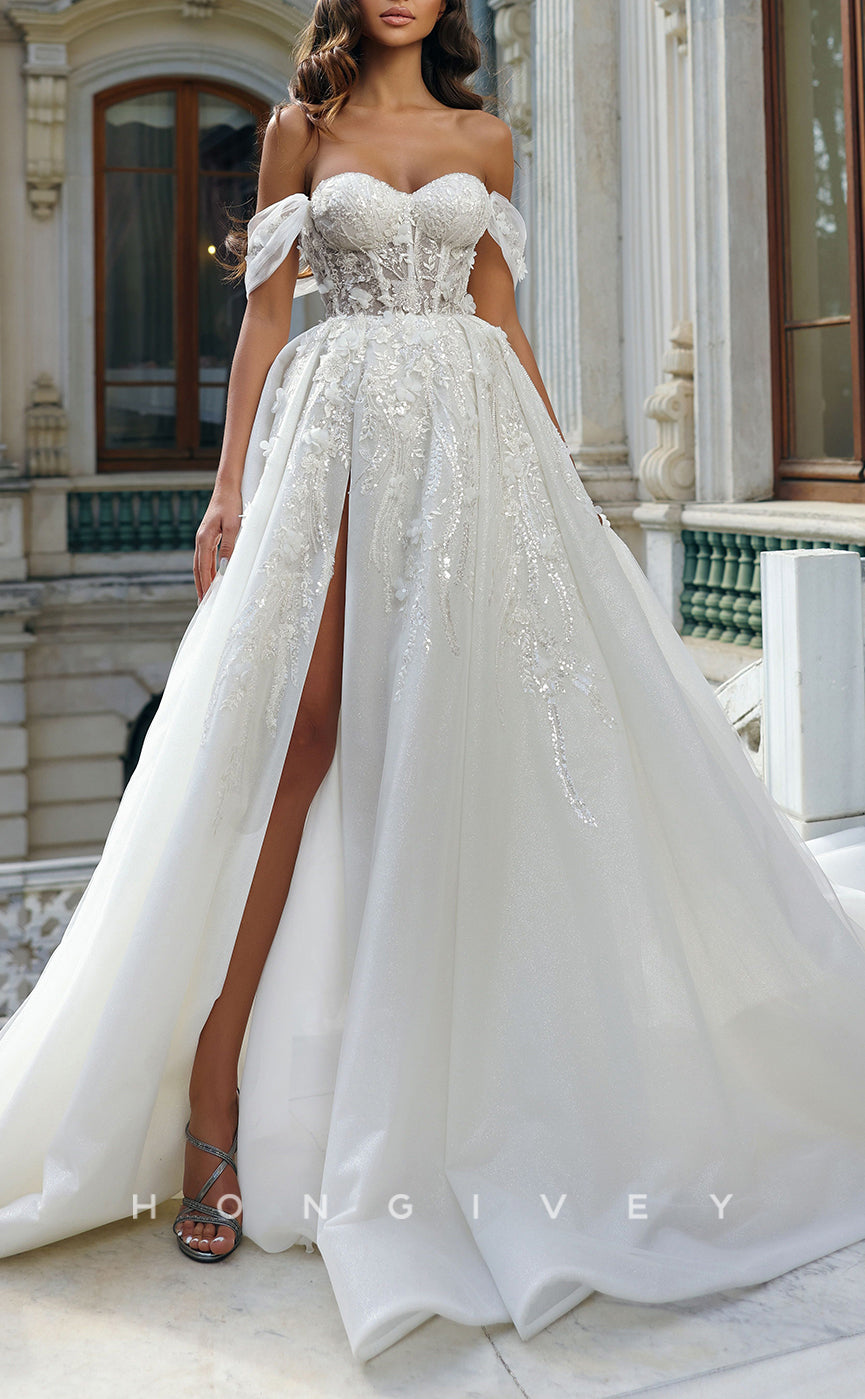 H1091 - Sexy Off-Shoulder Appliques Floral Embellished Empire With Train Wedding Dress