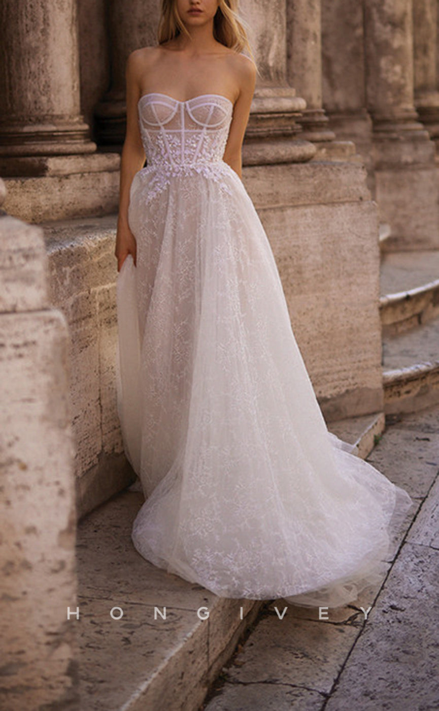 H1100 - Sexy Illusion Sweetheart Strapless Appliques Floor-Length Beach/Boho Wedding Dress