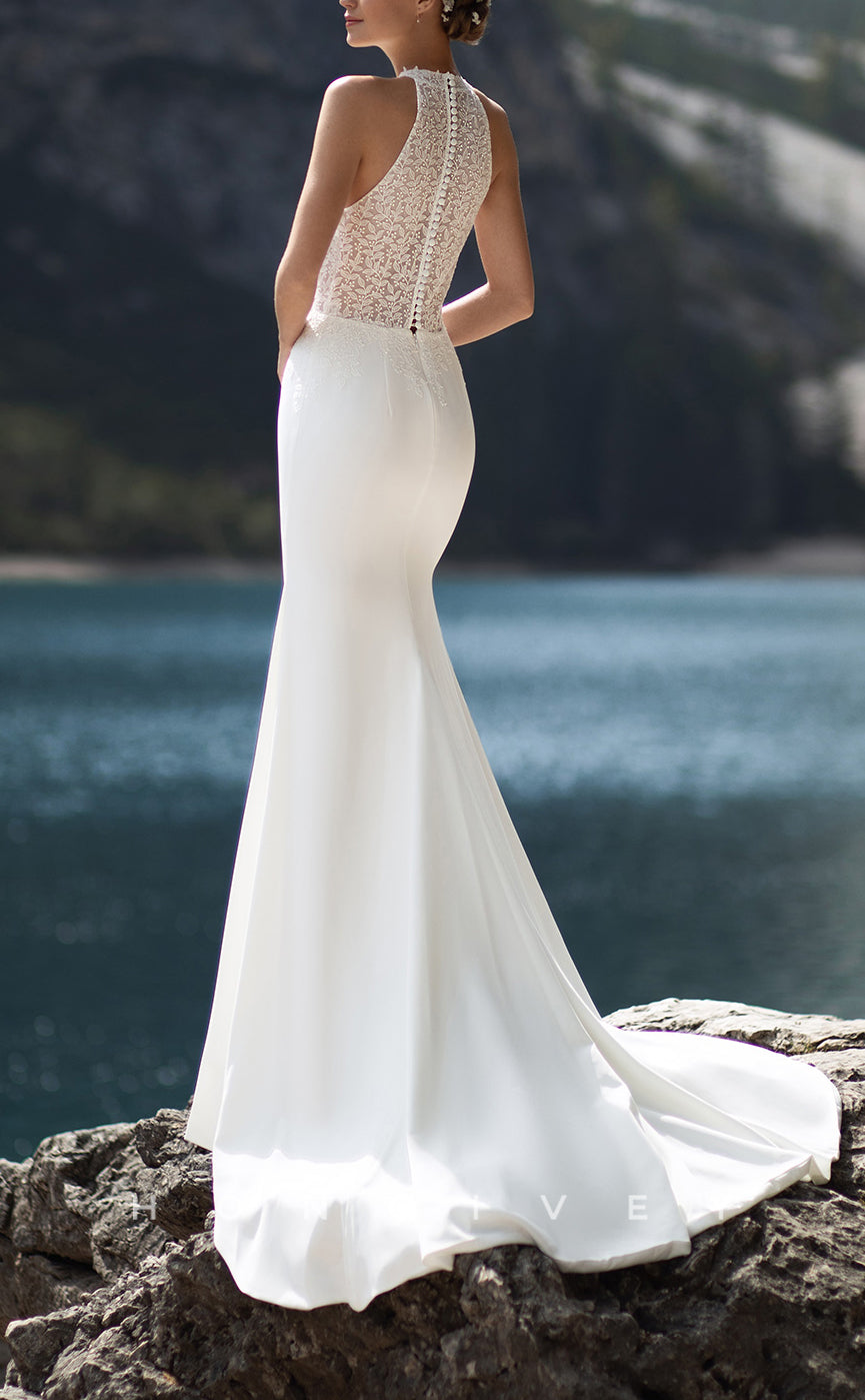 H1101 - Elegant & Luxurious High Neck Sleeveless Appliques Detachable With Overlay Boho/Beach Wedding Dress