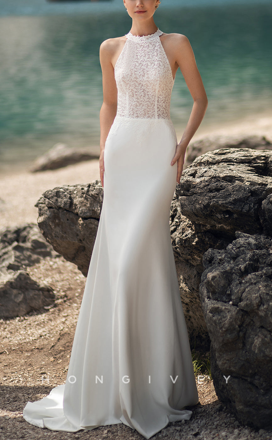 H1101 - Elegant & Luxurious High Neck Sleeveless Appliques Detachable With Overlay Boho/Beach Wedding Dress