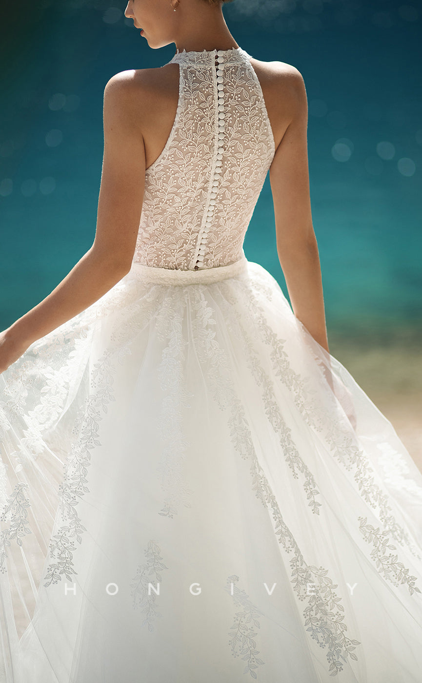 H1101 - Elegant & Luxurious High Neck Sleeveless Appliques Detachable With Overlay Boho/Beach Wedding Dress