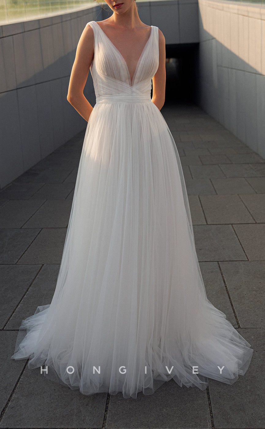 H1103 - Sexy Tulle Illusion A-Line V-Neck Sleeveless Wedding Dress