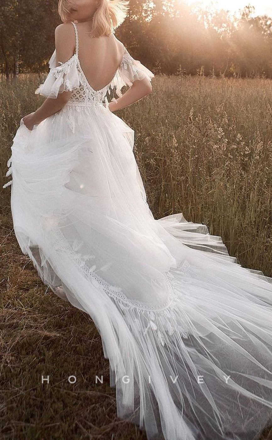 H1104 - Chic Tulle Illusion A-Line Plunging Illusion Off-Shoulder Spaghetti Straps Boho Wedding Dress