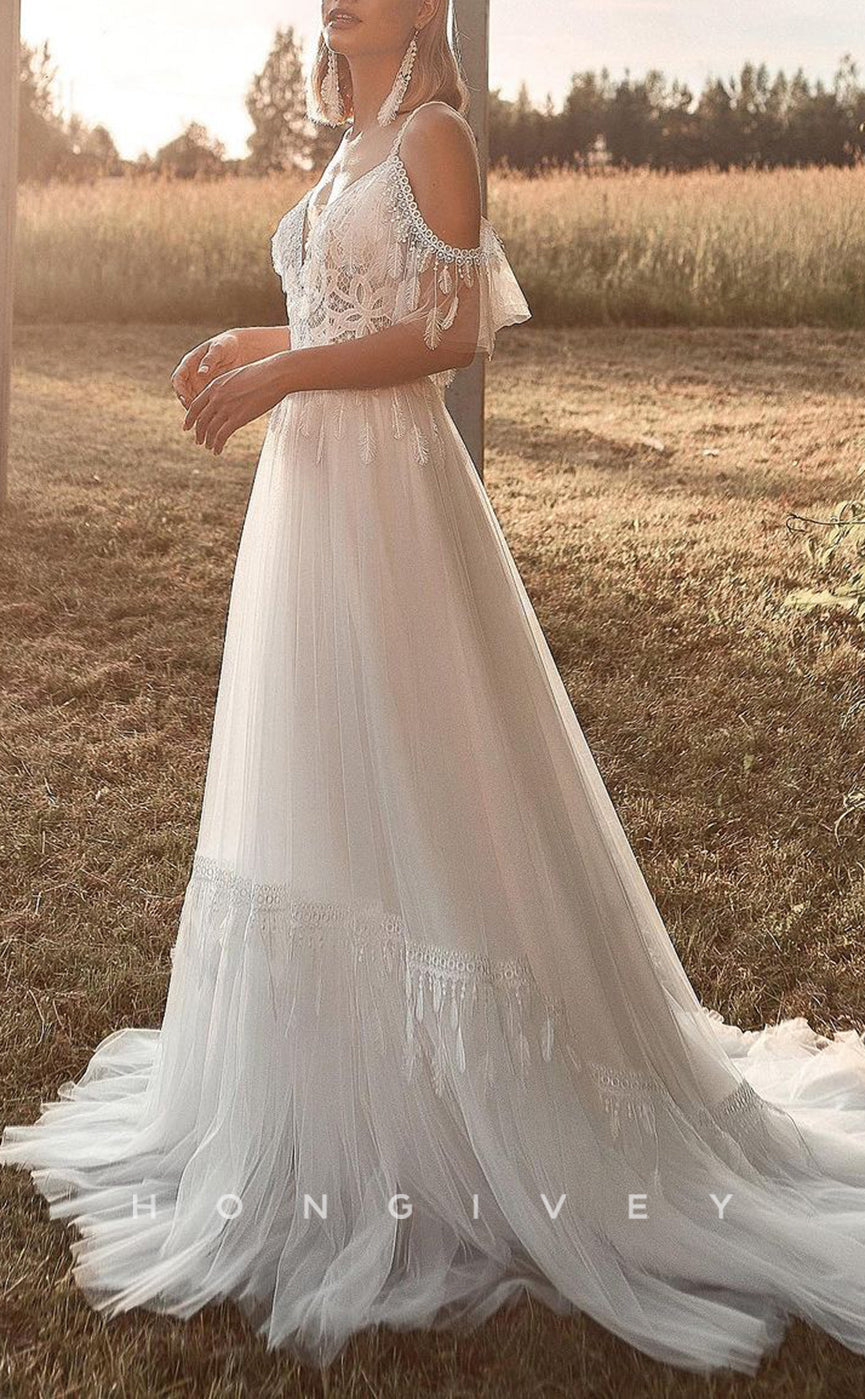 H1104 - Chic Tulle Illusion A-Line Plunging Illusion Off-Shoulder Spaghetti Straps Boho Wedding Dress