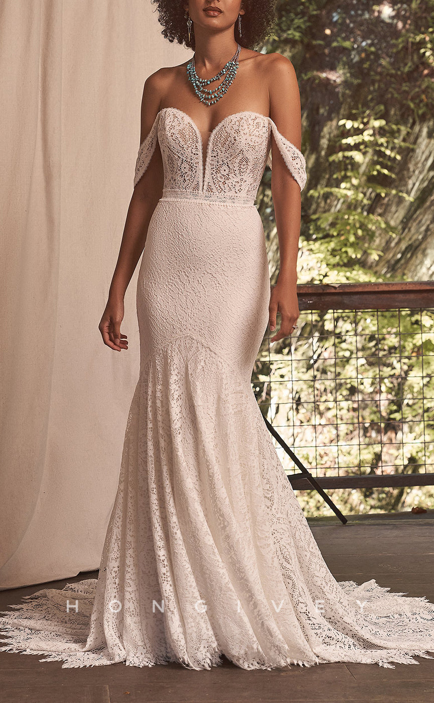 H1107 - Sexy Trumpt V-Neck Off-Shoulder With Train Boho Wedding Dress