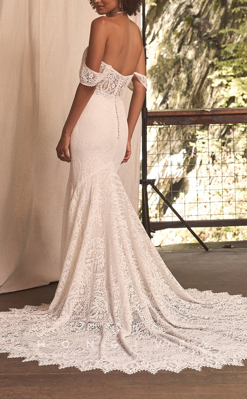 H1107 - Sexy Trumpt V-Neck Off-Shoulder With Train Boho Wedding Dress