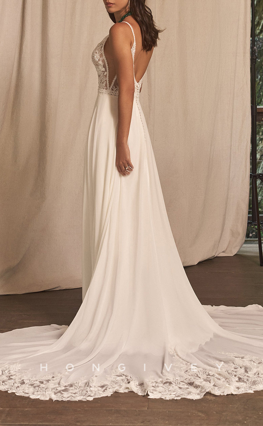 H1108 - Elegant A-Line V-Neck Spaghetti Straps Illusion With Train Wedding Dress