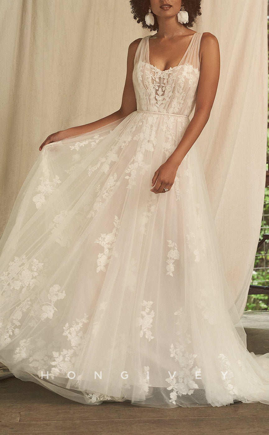 H1110 - Sexy Tulle A-Line Illusion Sweetheart Straps Appliques Wedding Dress