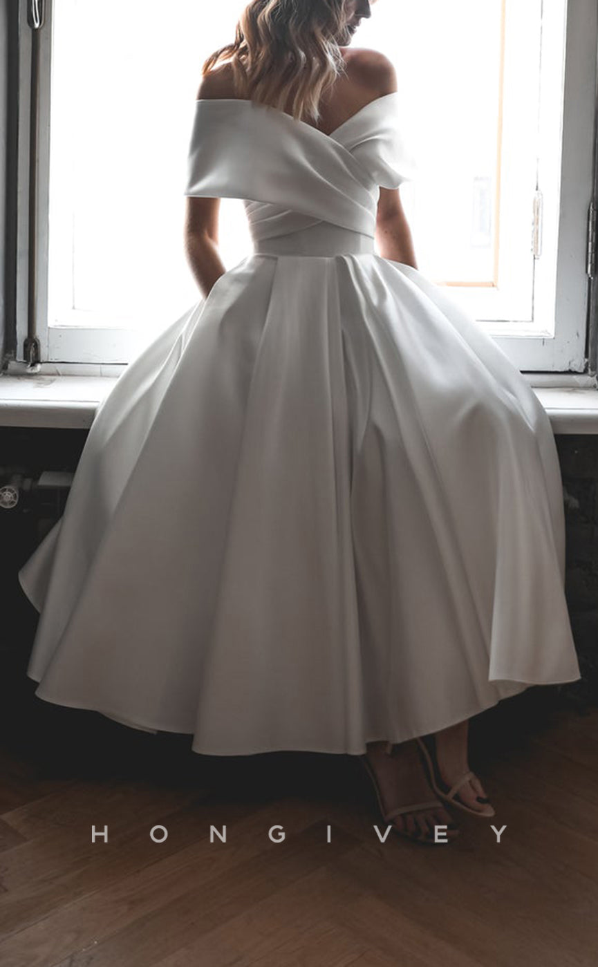 H1116 - Elegant Satin A-Line Off-Shoulder Empire Ruched Wedding Dress