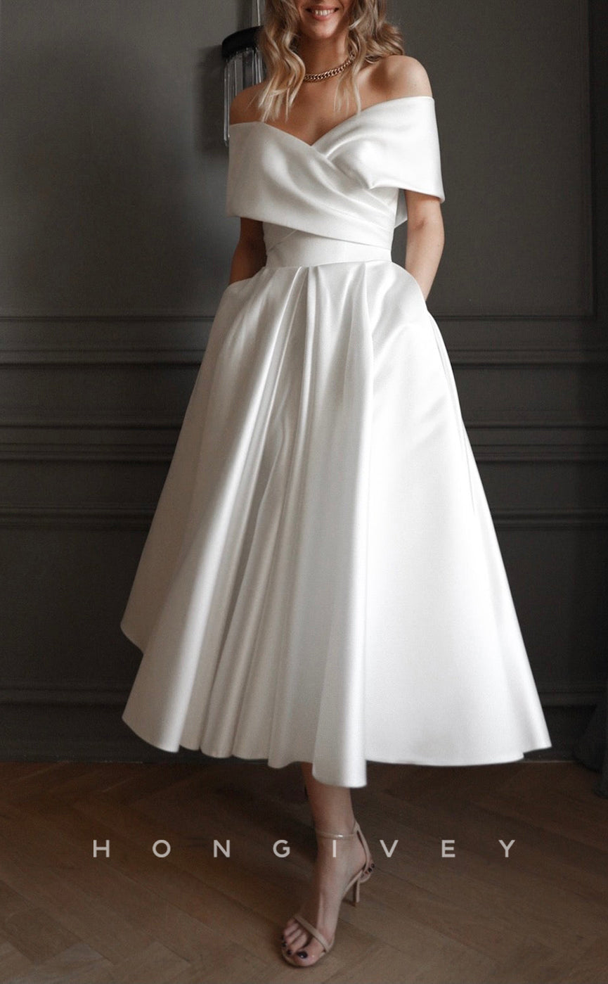 H1116 - Elegant Satin A-Line Off-Shoulder Empire Ruched Wedding Dress