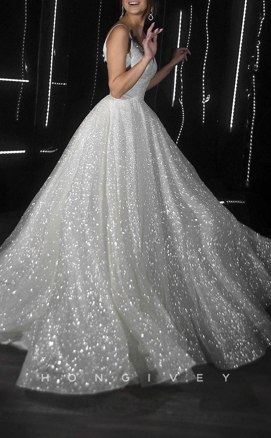 H1117 - Chic Glitter Tulle A-Line V-Neck Spaghetti Straps Wedding Dress