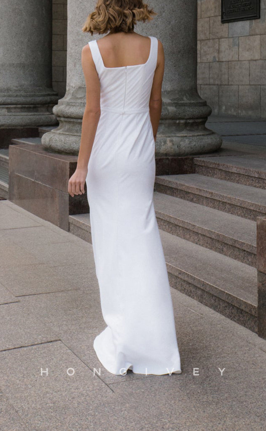 H1119 - Simple Satin Empire Square Spaghetti Straps Floor-Length Beach Wedding Dress