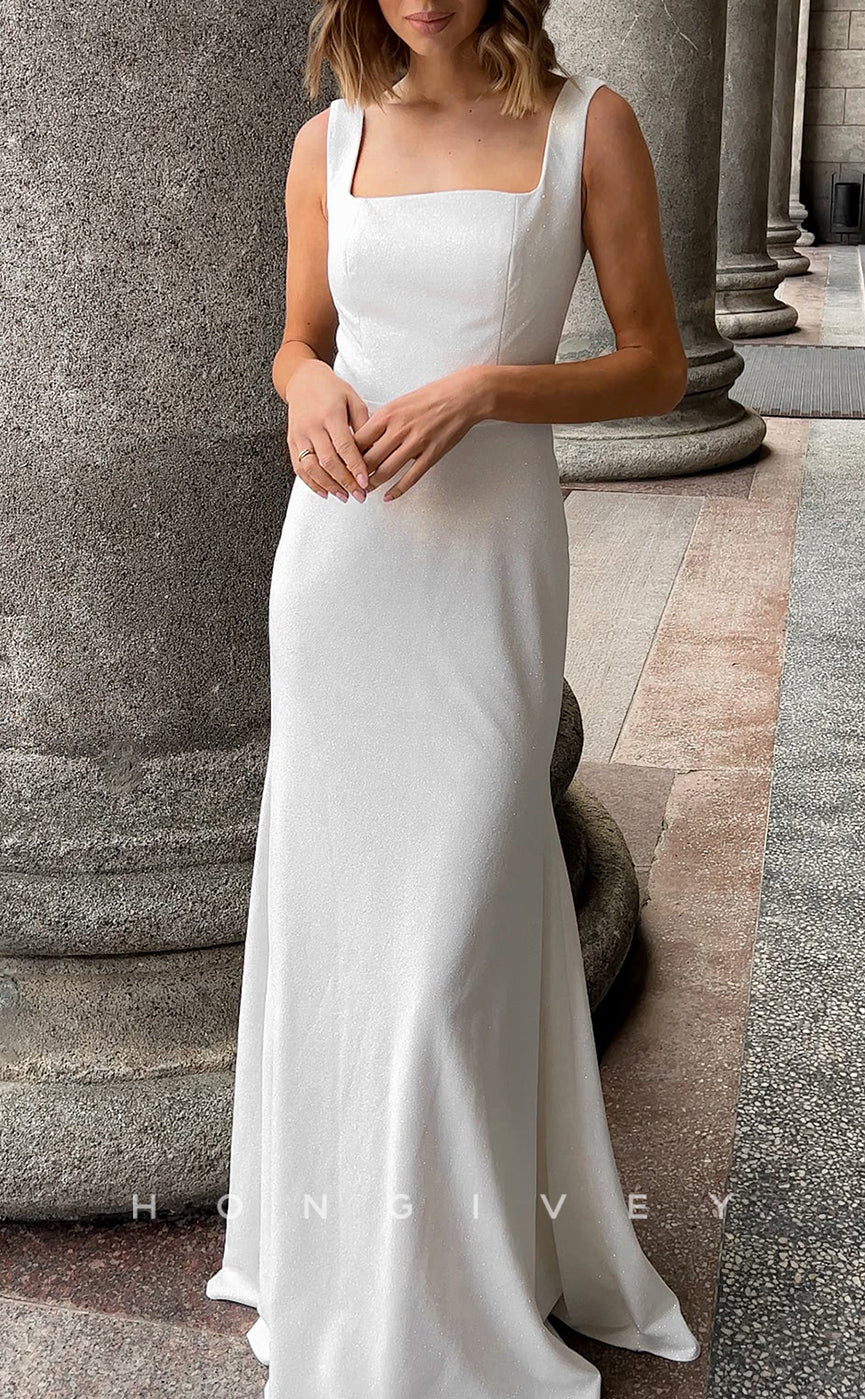 H1119 - Simple Satin Empire Square Spaghetti Straps Floor-Length Beach Wedding Dress