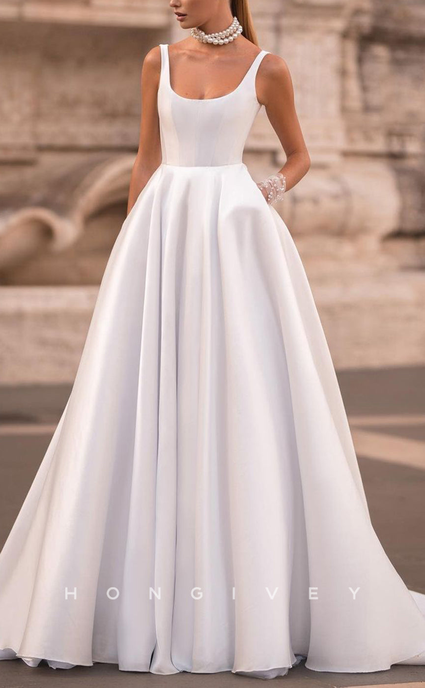 H1128 - Sexy Satin A-Line Bateau Spaghetti Straps With Pockets Train Wedding Dress