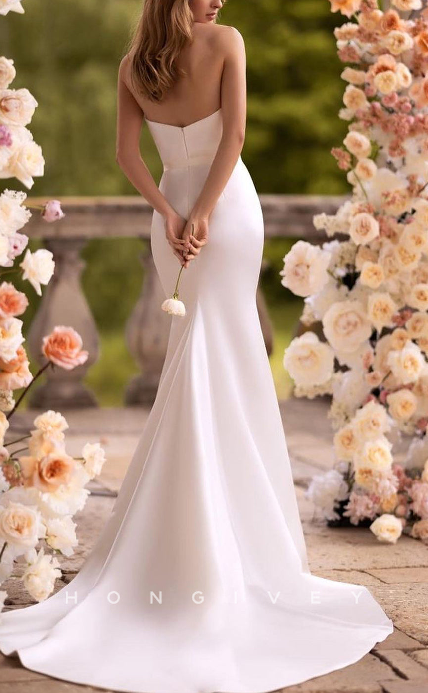 H1130 - Sexy Fitted Satin V-Neck Strapless Ruched Detachable Overskirt Wedding Dress