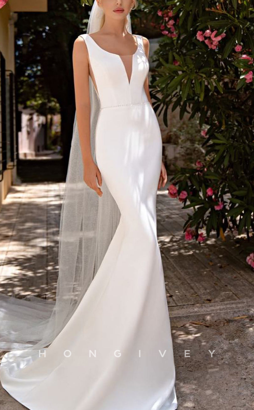 H1132 - Chic Satin Trumpt V-Neck Straps Sleeveless With Train Boho/Beach Wedding Dress