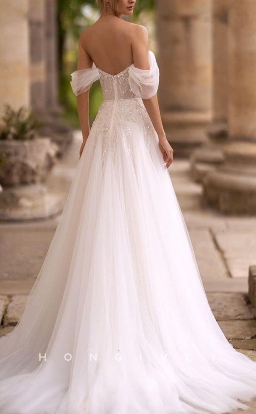 H1133 - Chic Tulle A-Line Off-Shoulder Plunging  V-Neck Beaded With Train Wedding Dress