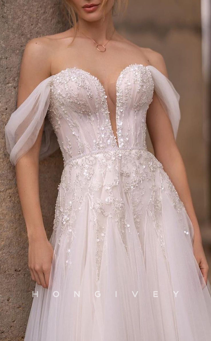 H1133 - Chic Tulle A-Line Off-Shoulder Plunging  V-Neck Beaded With Train Wedding Dress