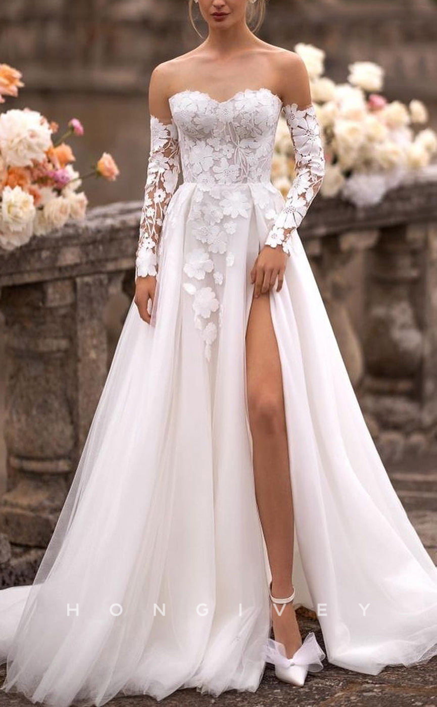 H1134 - Sexy Tulle A-Line Sweetheart Strapless Lace Long Sleevess With Side Slit Wedding Dress