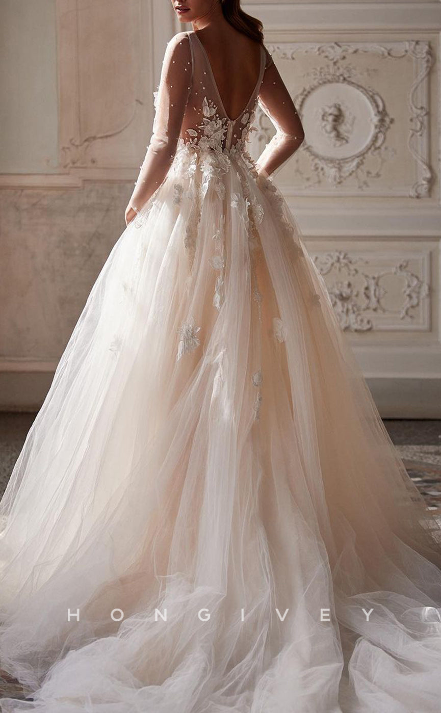 H1136 - Sexy Tulle Illusion A-Line V-Neck Long Sleeves Appliques With Train Wedding Dress